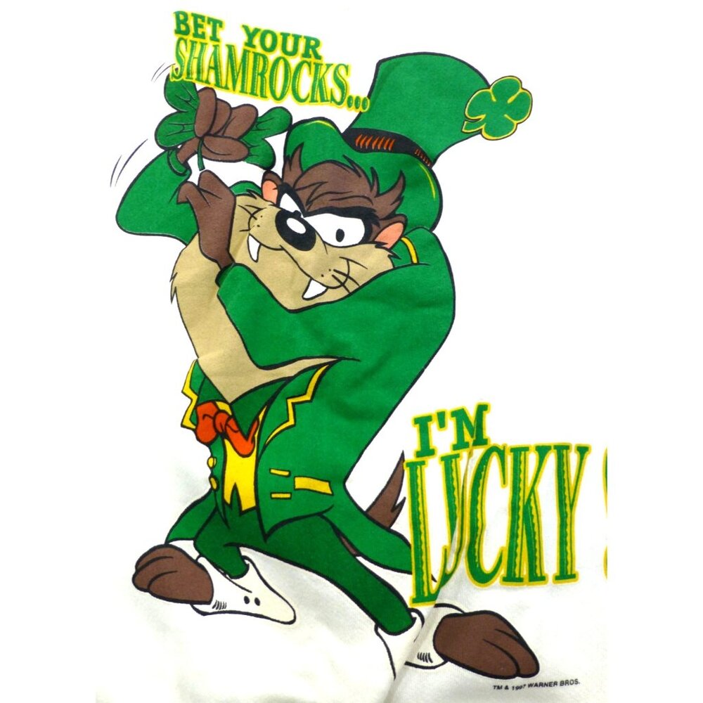 Vintage 1997 Looney Tunes Taz Im Lucky Sweatshirt St. Patricks Day Large White - Picture 8 of 12